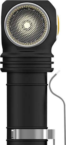A black, compact torch with a head that rotates 90 degrees and a metal clip on the side, focused on light modes.