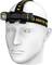 A model head with a black head torch that has a round LED light on its side. The head torch is labelled 'Armytek'.