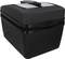 A black, lockable container with a carrying handle and label on the top, ideal for securely transporting documents or valuables.