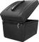 Black, open cool box with carry handle and two closures, suitable for transporting and cooling food or drinks.