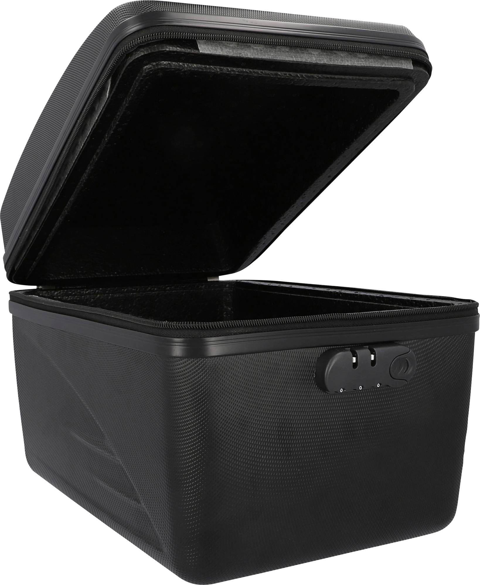 An open black safe with a combination lock, empty interior visible, slight angle, suggesting a portable design.