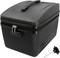 Black, lockable plastic box with handle. Beside it, a removable lever mechanism. Suitable for storage or transportation.