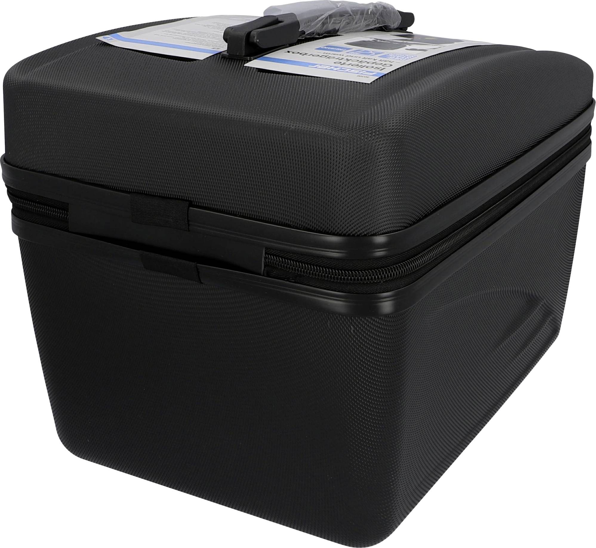 A black, rectangular container with a zip-up lid. Paper labels with information are located on the top of the lid.