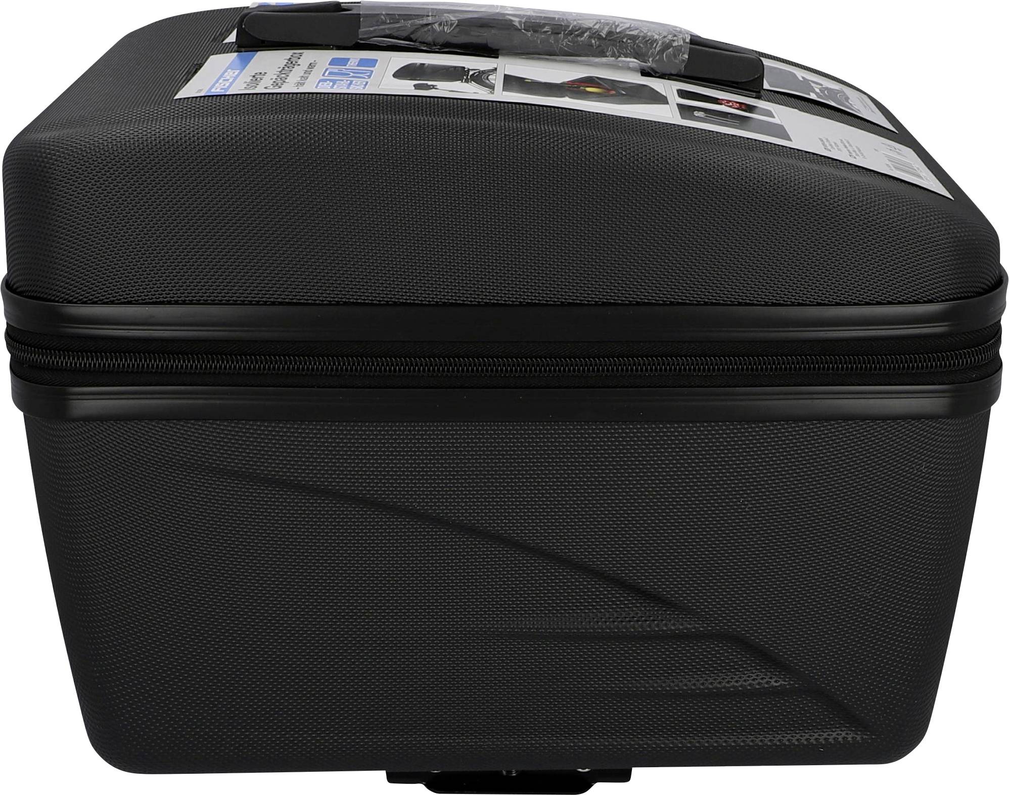 Black hard-shell suitcase with carry handle, compact design, robust material, suitable for secure transportation of items.