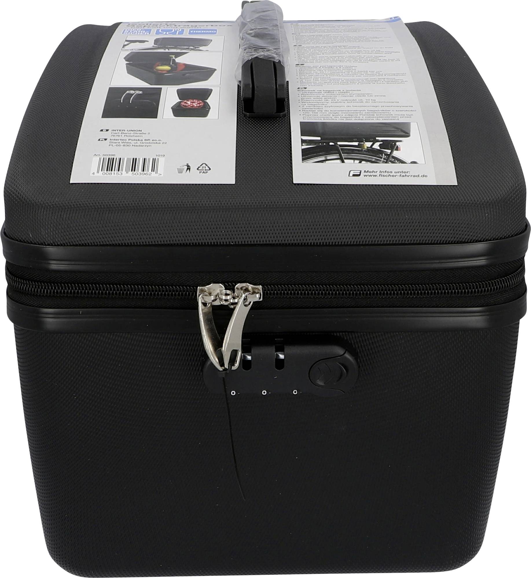 A black, sealed hard-shell case with a carry handle and zip. Product information is displayed on the label.