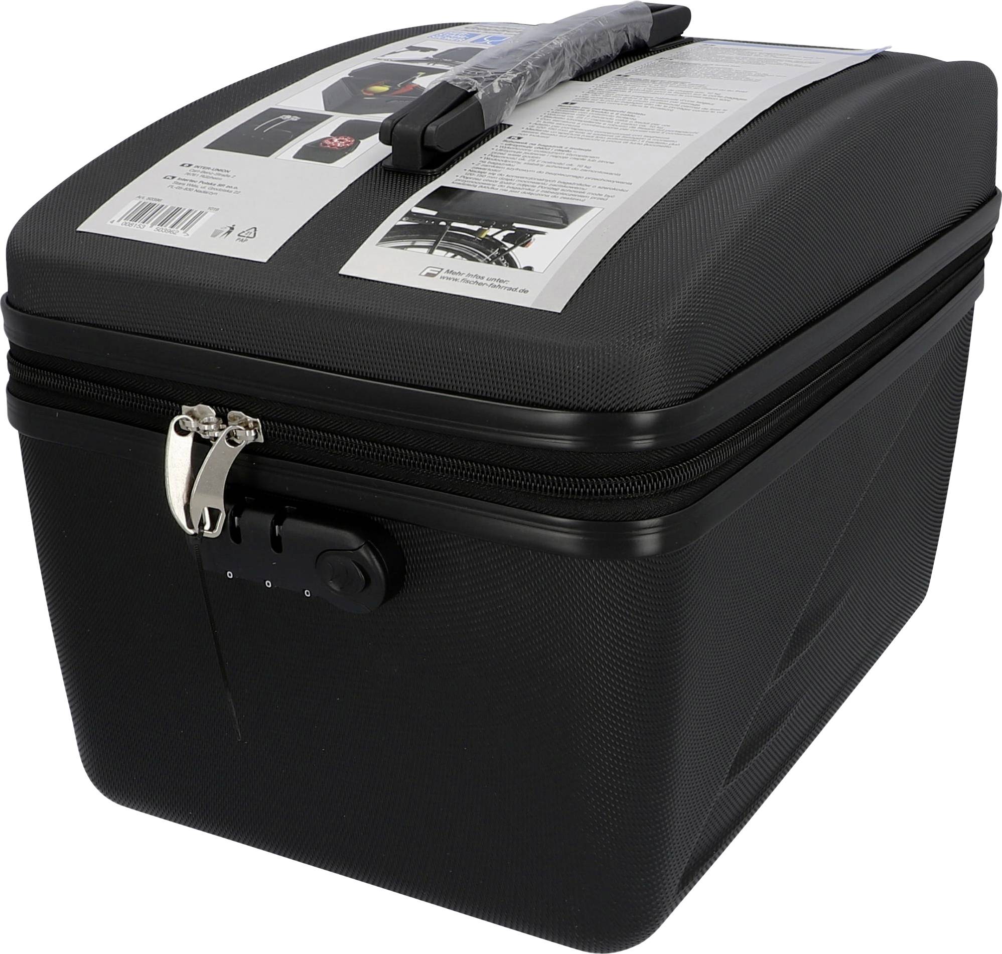 Black, rectangular storage box with carrying handle and combination lock, with an information label attached to it.