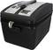 Black, rectangular storage box with carrying handle and combination lock, with an information label attached to it.