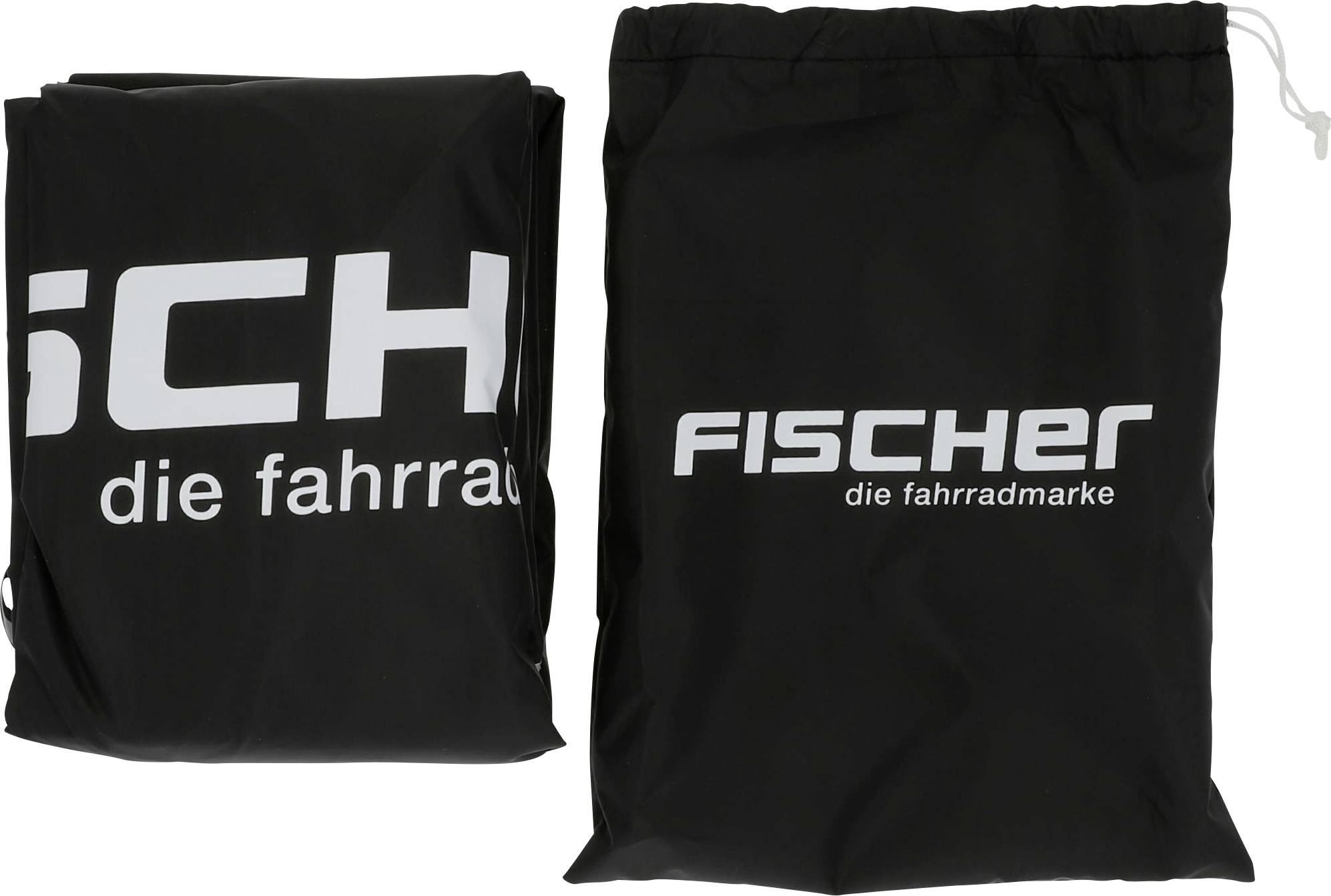 'Two black bags with the white print "FISCHER the bicycle brand" and "the bicycles".'