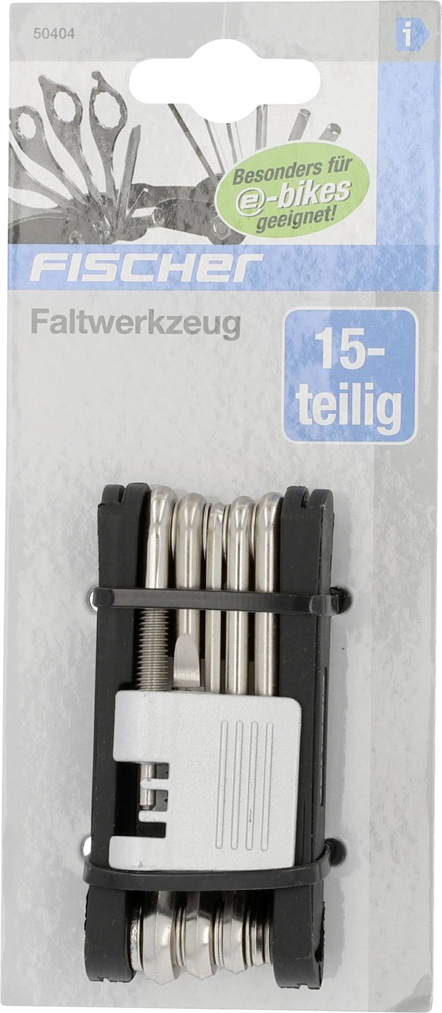 Fischer multi-tool in a package, specifically designed for e-bikes, 15-piece set.