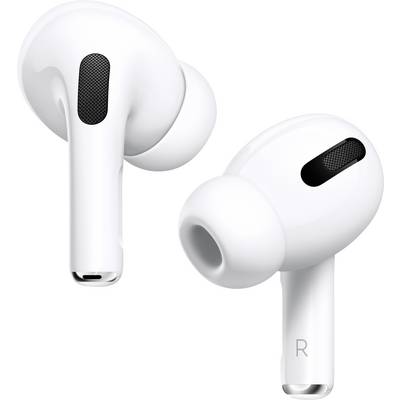 Two wireless white earbuds with integrated speakers and soft silicone tips, marked for the right and left ear canal.