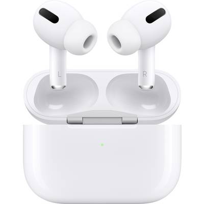 Wireless white earbuds in a charging case, slightly open. 'L' on the left, 'R' on the right.