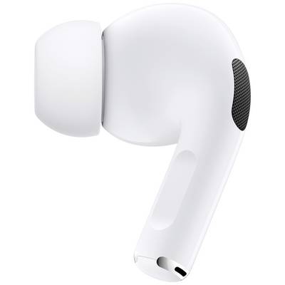 A white, wireless earphone with an oval silicone ear tip and a black mesh speaker on the back, shown from the side.
