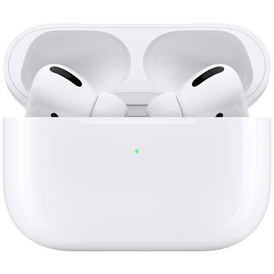 Two wireless white earbuds in an open charging case.