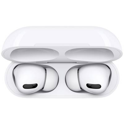 White wireless in-ear headphones are lying in an opened, white charging case.