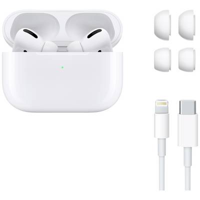 Wireless in-ear headphones in a white charging case, including earbuds in various sizes and a USB-C to Lightning cable.
