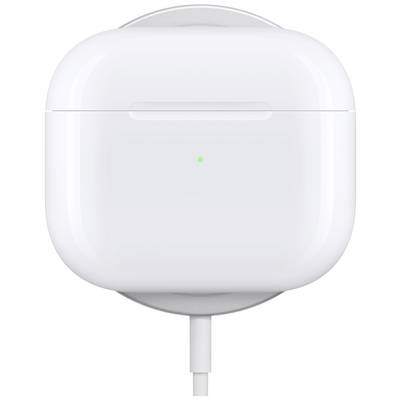 A white charger with a wireless charging earphone case on top, identifiable by the small green indicator light on the case.