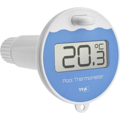A digital pool thermometer shows a temperature of 20.3 degrees Celsius.