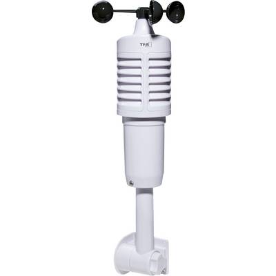 A white, vertical weather instrument with an anemometer at the top. It measures wind speed and direction.
