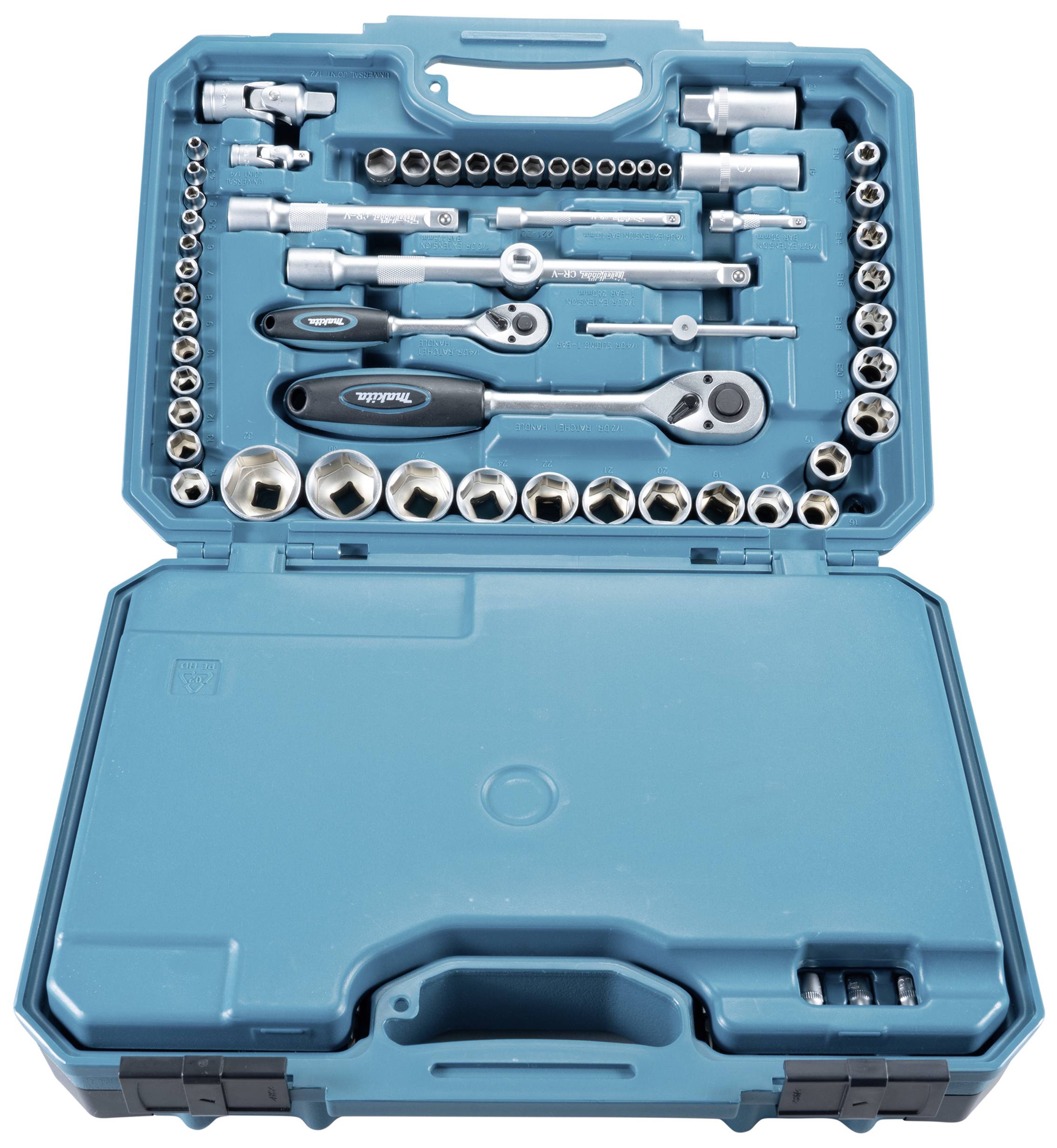 Open toolbox with various socket wrenches and a ratchet spanner, all organised in foam inserts.