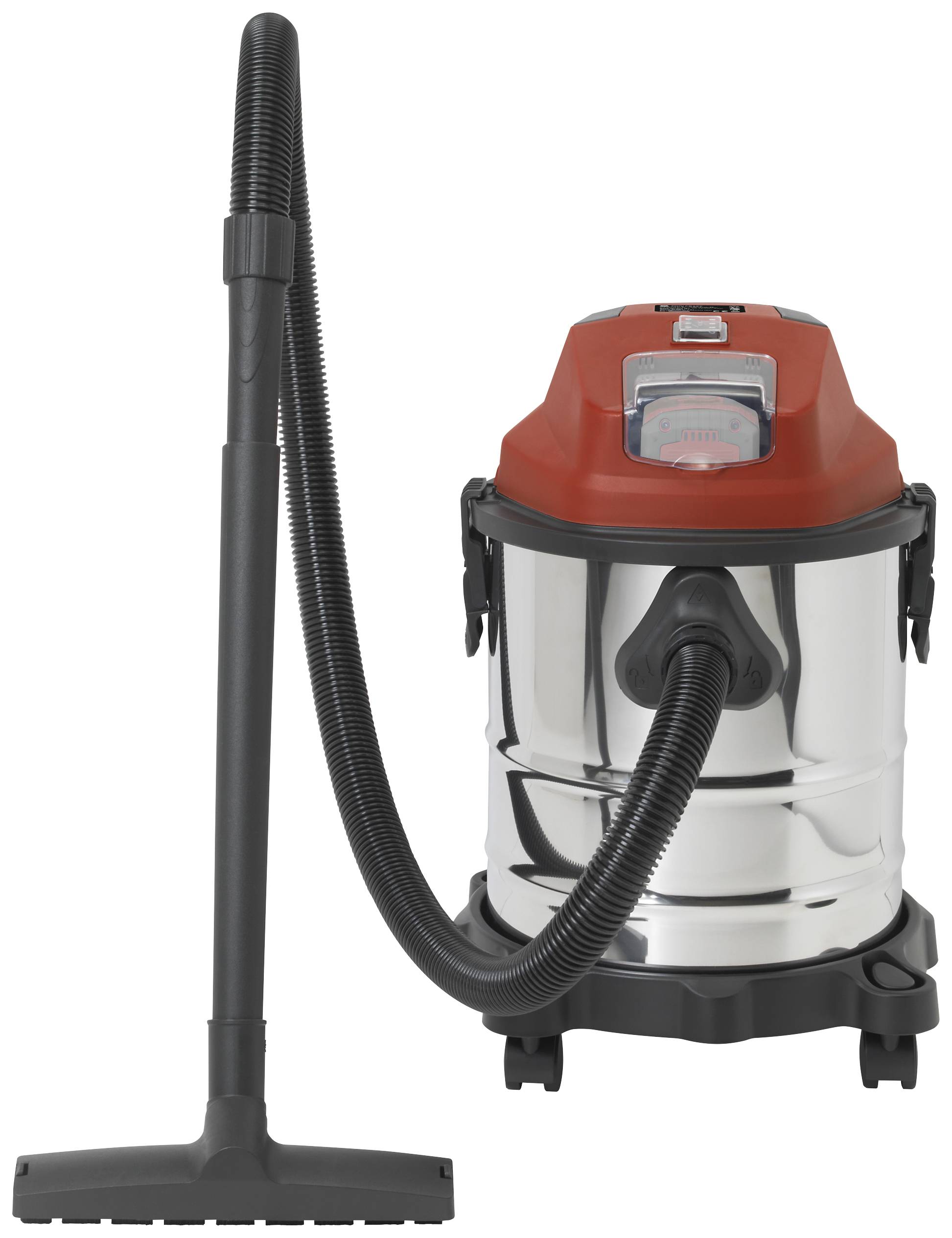A red and silver wet and dry vacuum cleaner with a flexible hose and floor nozzle, suitable for versatile cleaning tasks.