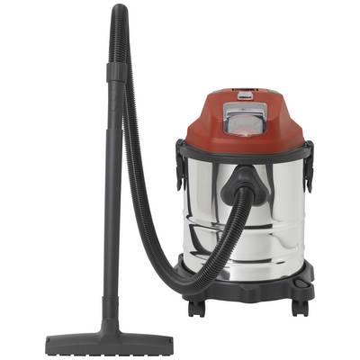 A red and silver wet and dry vacuum cleaner with a flexible hose and floor nozzle, suitable for versatile cleaning tasks.