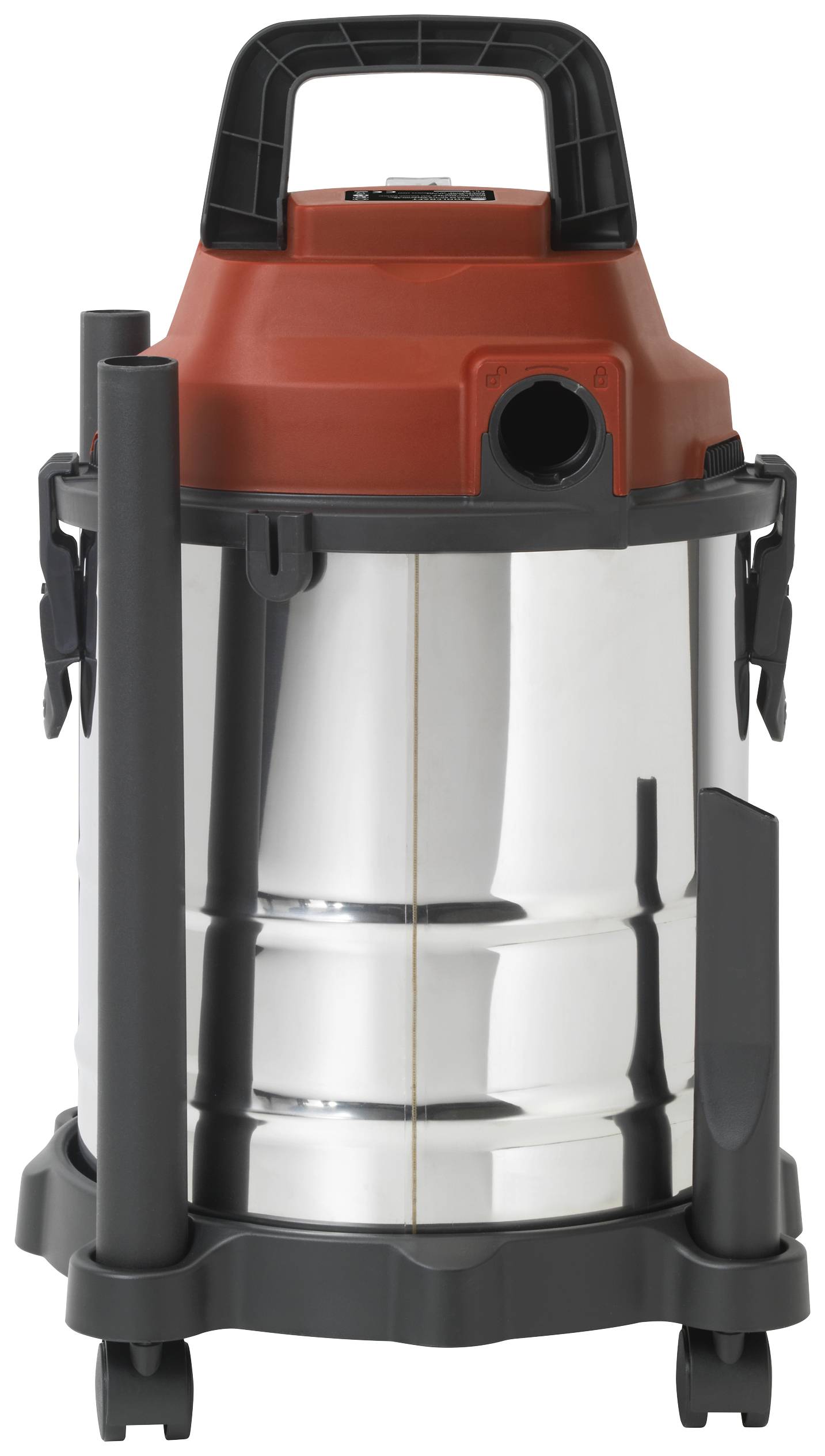 A silver industrial vacuum cleaner with a red lid and black handles, standing on wheels. Suitable for wet and dry cleaning.