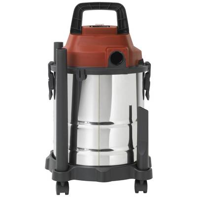 A silver industrial vacuum cleaner with a red lid and black handles, standing on wheels. Suitable for wet and dry cleaning.
