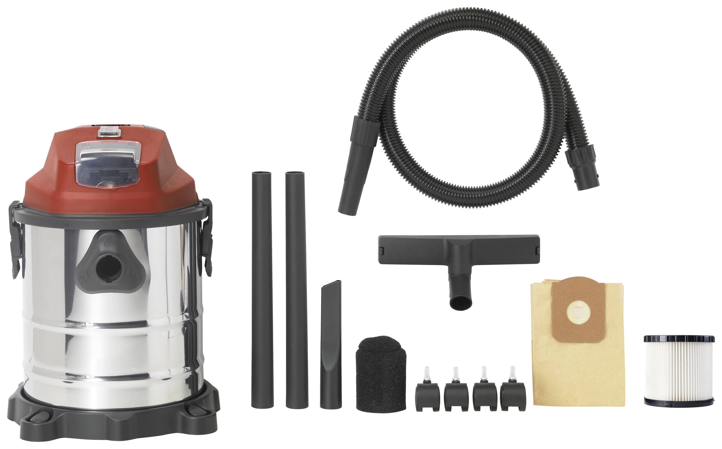 Industrial vacuum cleaner with red lid, four nozzle attachments, suction tube, hose, filter and dust bag, all parts arranged side by side.