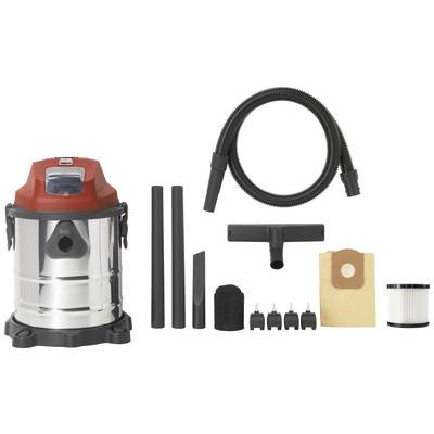 Industrial vacuum cleaner with red lid, four nozzle attachments, suction tube, hose, filter and dust bag, all parts arranged side by side.