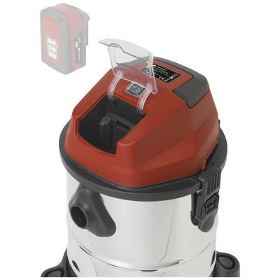 Industrial vacuum cleaner with a red lid and metal body, side suction connection, transparent cover over an input compartment.