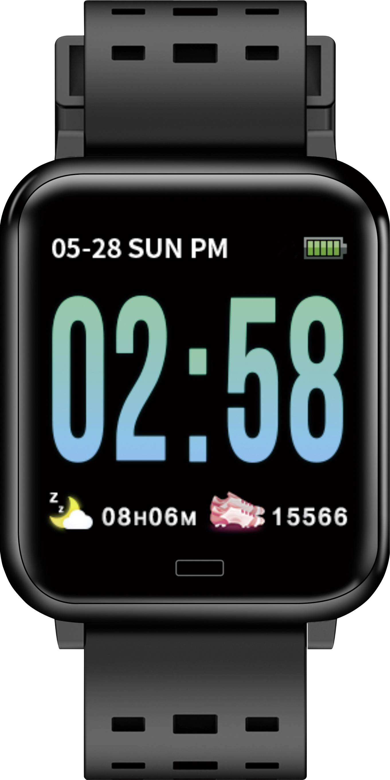 Digital wristwatch showing time '02:58 PM', date '28-05 SUN', battery indicator, sleep duration '08h06m', steps '15,566'.