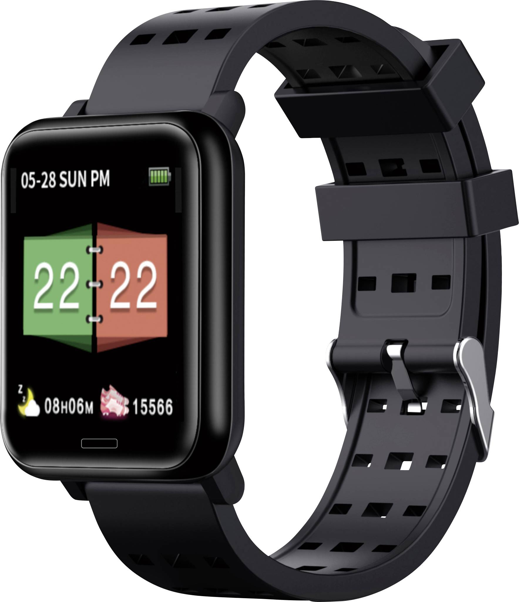 A black smartwatch with a rectangular display shows the time '22:22', date '05-28 SUN', and symbols for steps, weather, and battery status.
