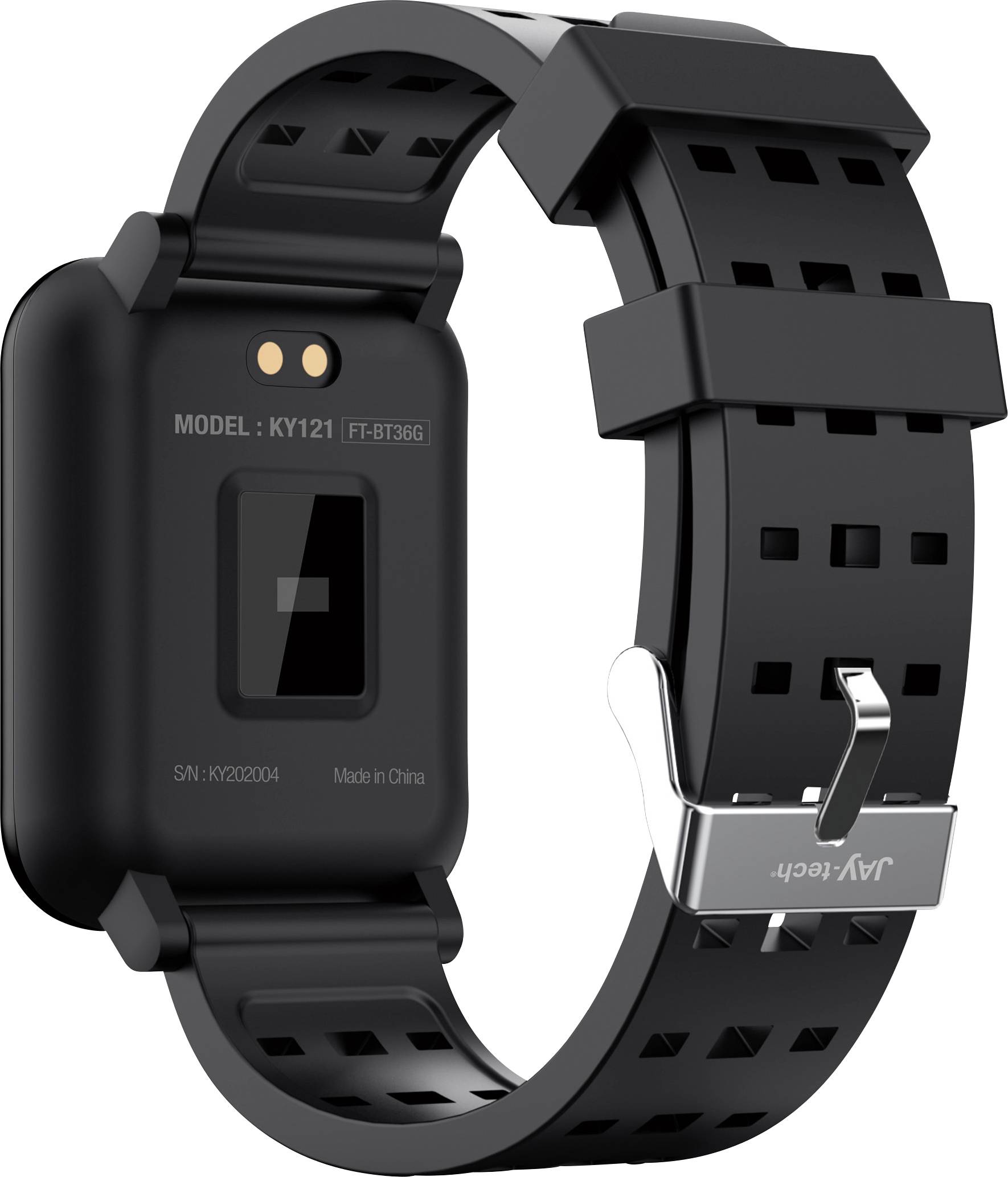 Smartwatch with a black strap and silver buckle, reverse side showing model number KY121 and country of origin China.