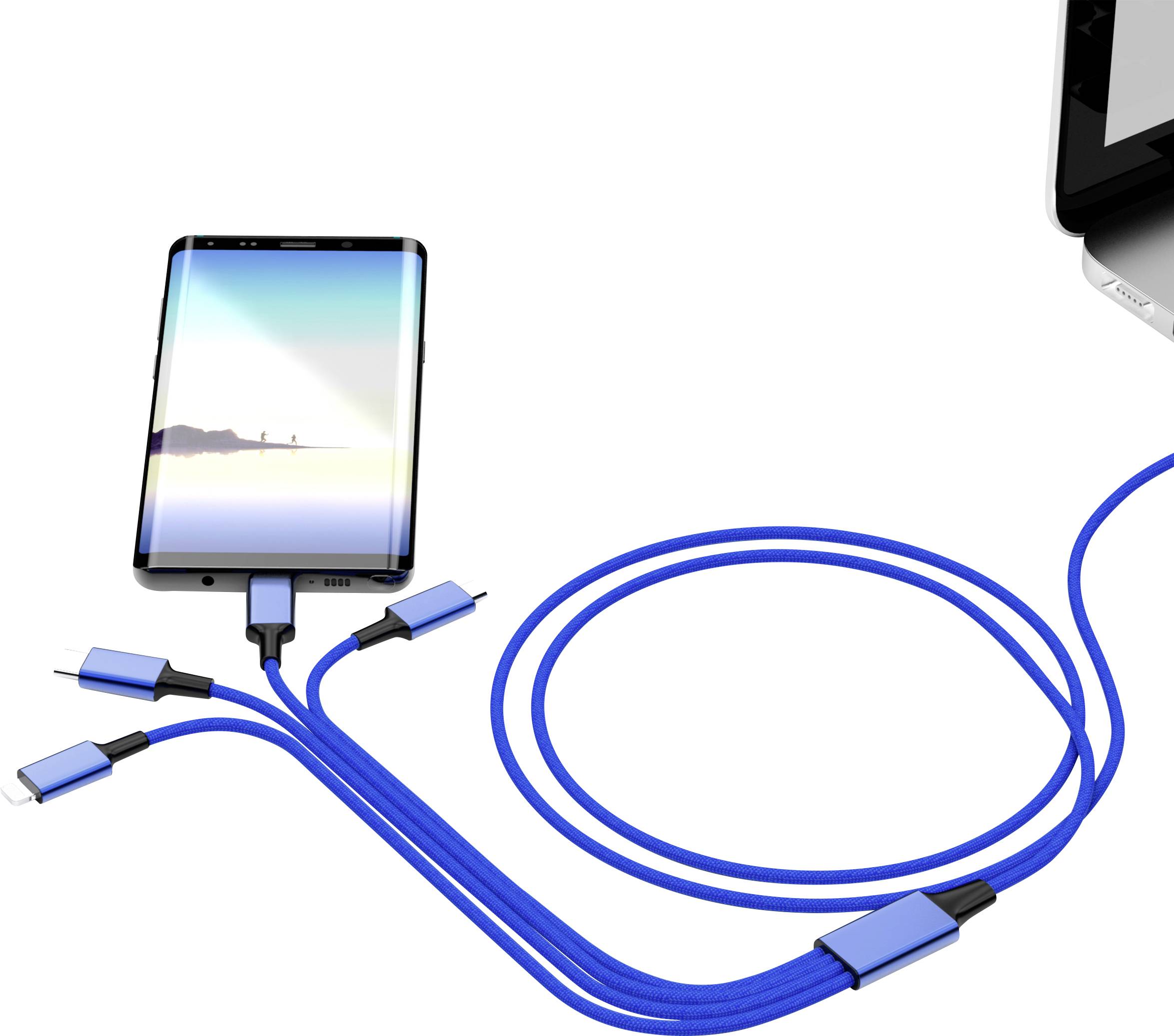 A smartphone and a laptop are connected by a blue charging cable with multiple sections. The cable has various connector adapters.