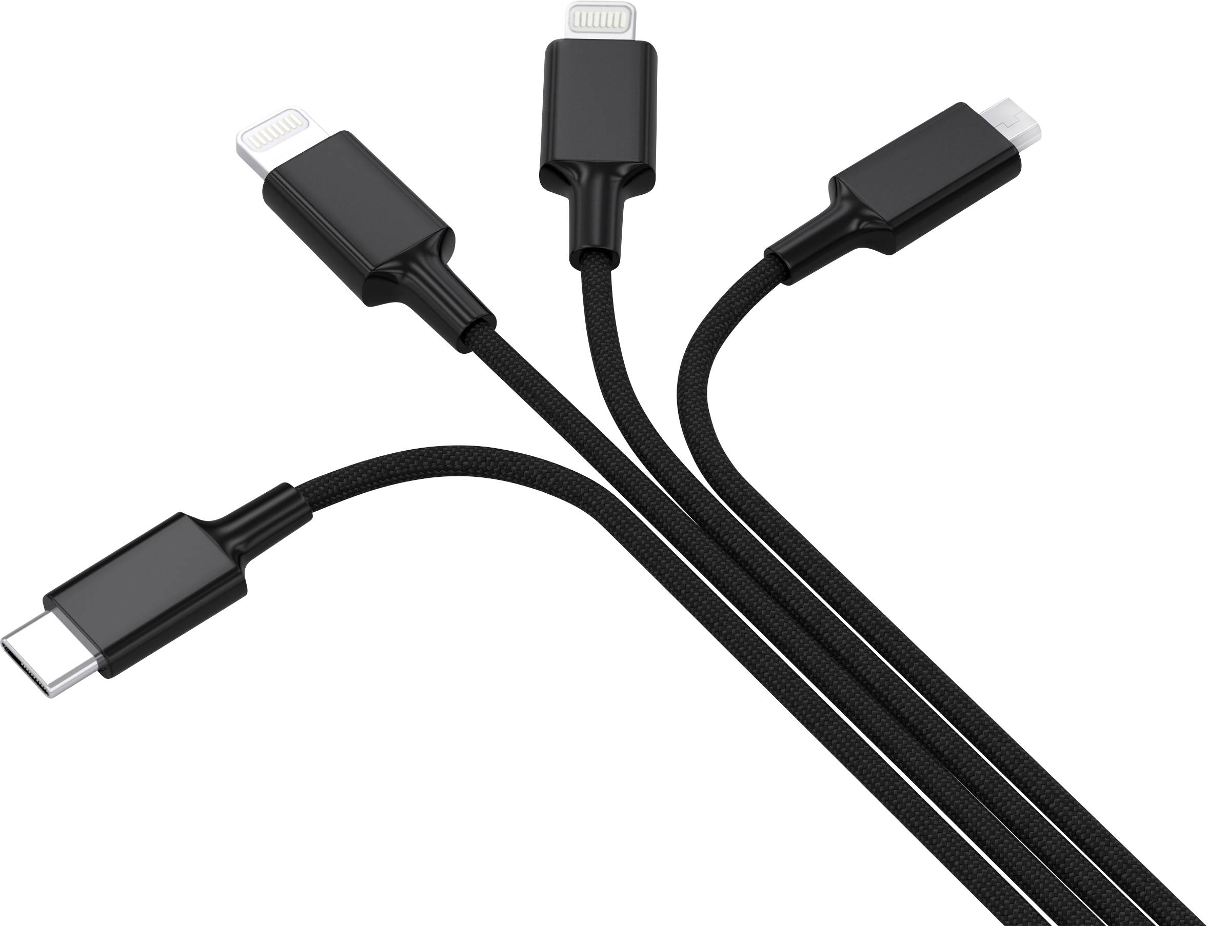 Black cable with four connectors: two USB-C and two Lightning. Suitable for charging or synchronising electronic devices.