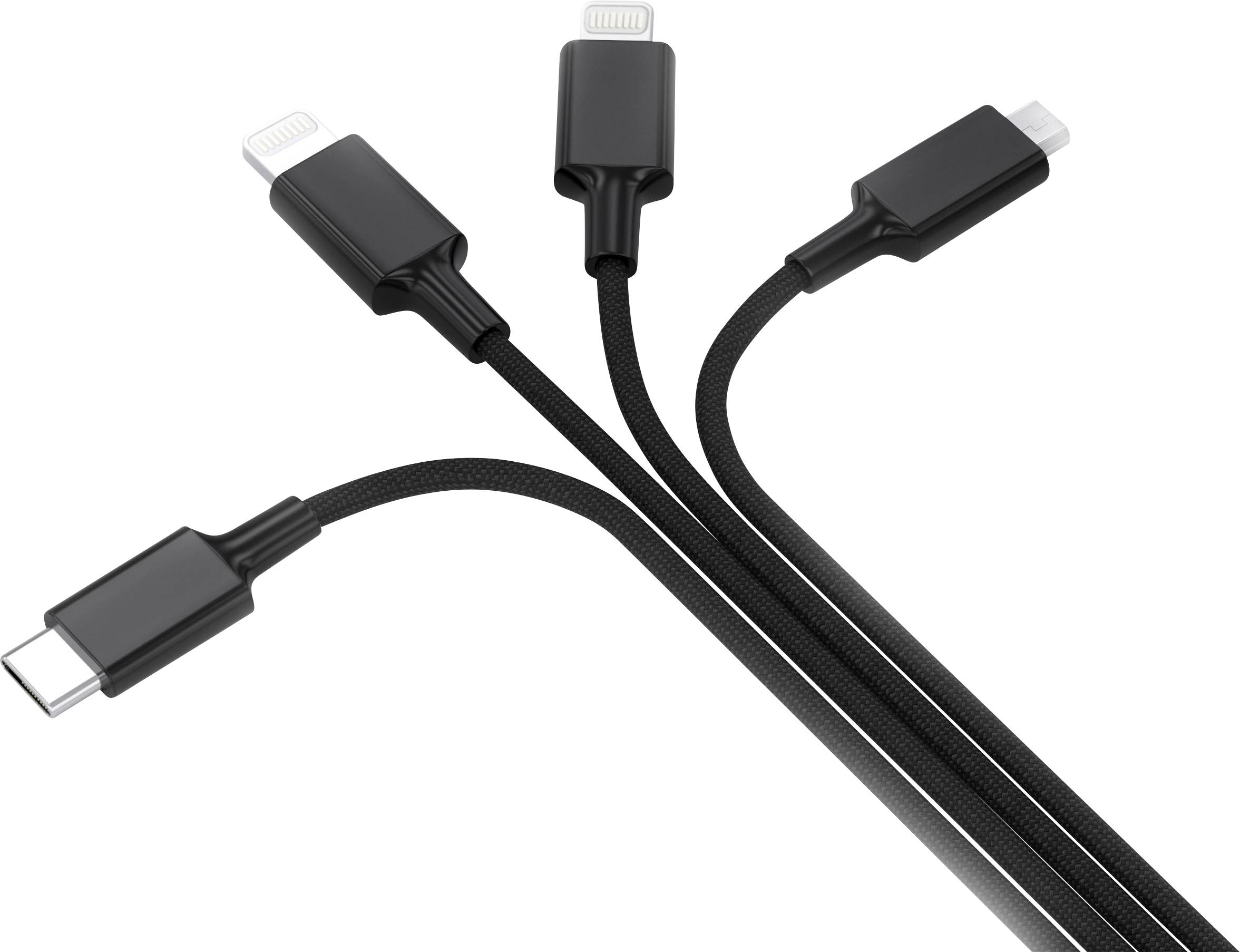 Four black USB cables with different connectors: Lightning, USB-C and Micro-USB, branching out.