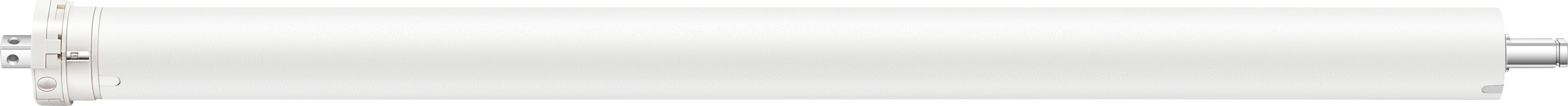 A white cylindrical roller with metallic ends and a central axis. It is likely to serve as part of a machine or piece of equipment.