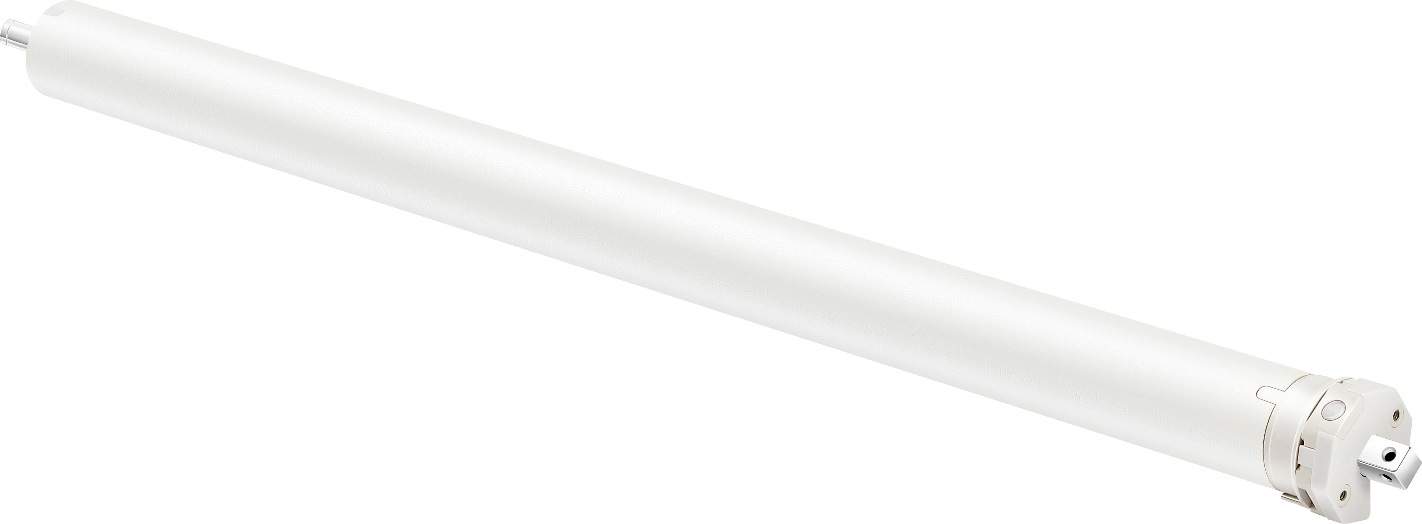 Electric tubular motor with white housing, suitable for roller shutters or blinds, for automated control of sun protection systems.<br><br>Note: The translation is essentially the same as the original, as it was already quite close to British English phrasing.