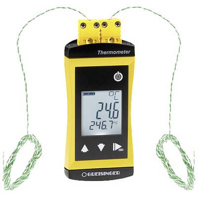Digital thermometer with two cable thermocouples, displaying 24.6 °C. Housing is yellow with a black display area.