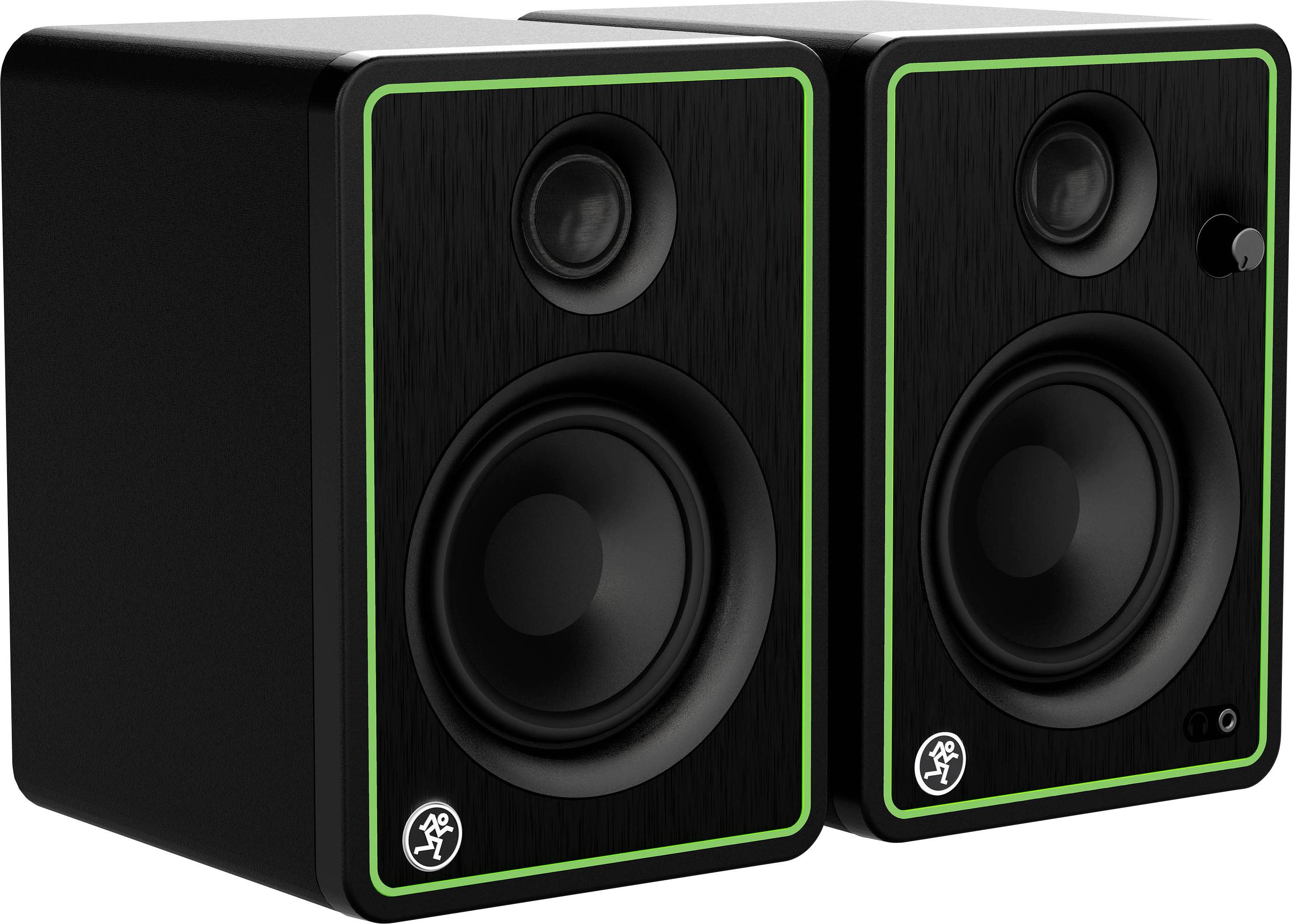 Two black speakers with luminous green edging, one large and one small speaker per device, brand logo positioned bottom right.