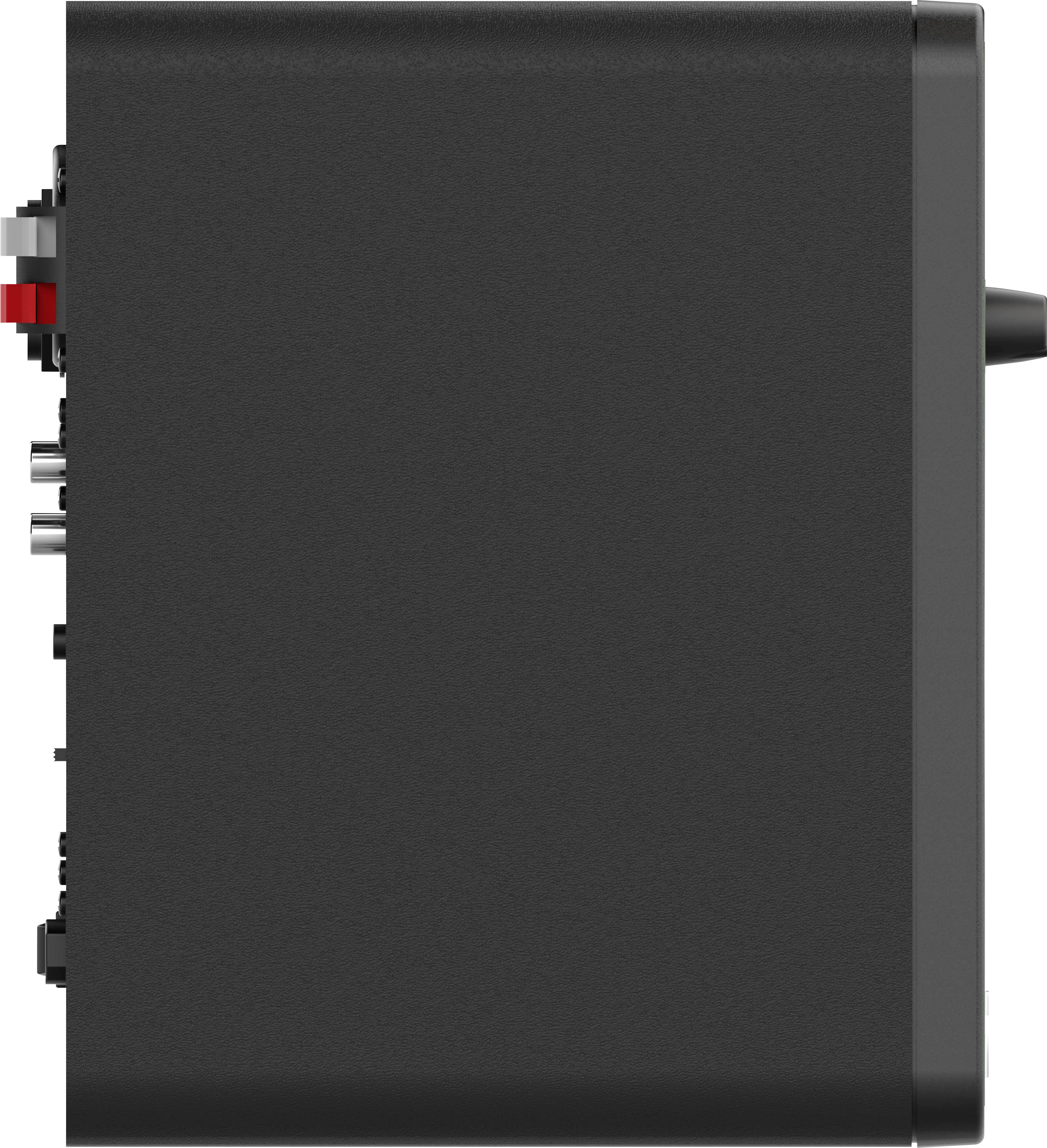 Black electronic device in side profile with various inputs visible on the left, including red and silver connections.