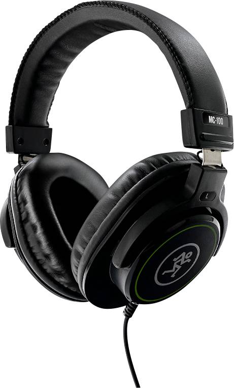 Black over-ear headphones with a padded headband and ear cups, logo on the sides, connected by a cable.