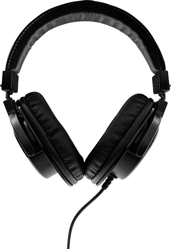Black over-ear wired headphones, pictured from the front. They are padded and suitable for audio playback or music.