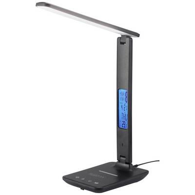 Black desk lamp with blue digital display showing time, date, and temperature. Adjustable arm with LED light.