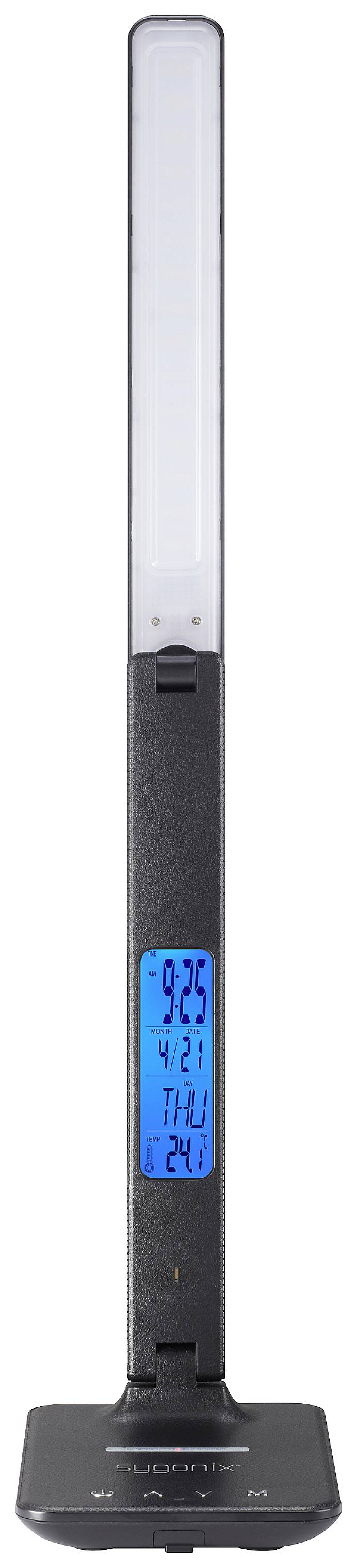 Black and grey LED desk lamp with digital display. Shows time (9:25), date (21/04), day of the week (Thu), and temperature (24°C).