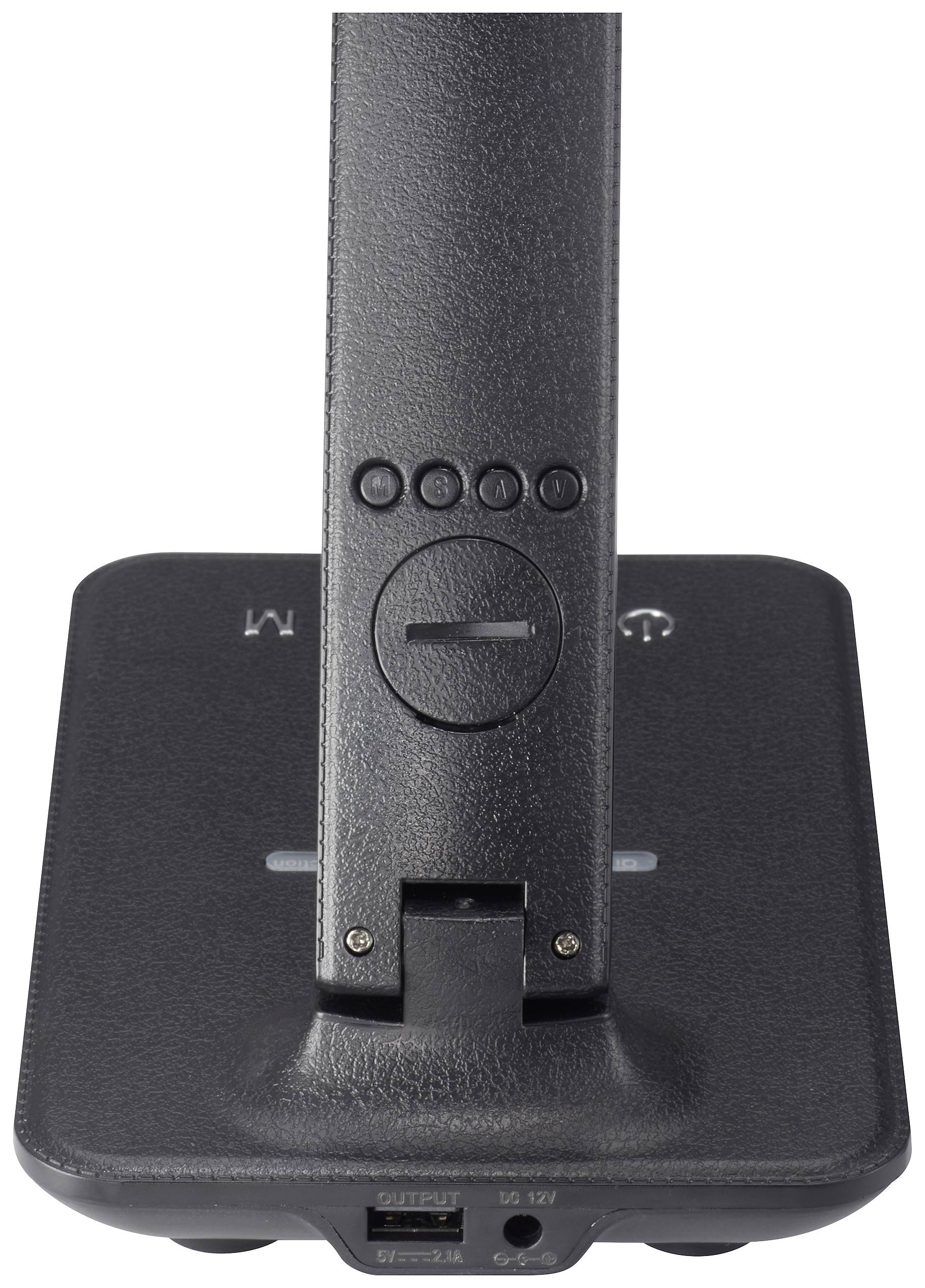 A black, rectangular stand with multiple buttons and connections on the back.