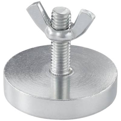 Metal wing nut on a circular metal plate.
