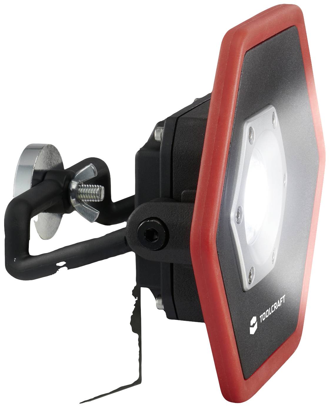 Portable LED construction floodlight with a red frame, mounted on an adjustable metal stand.