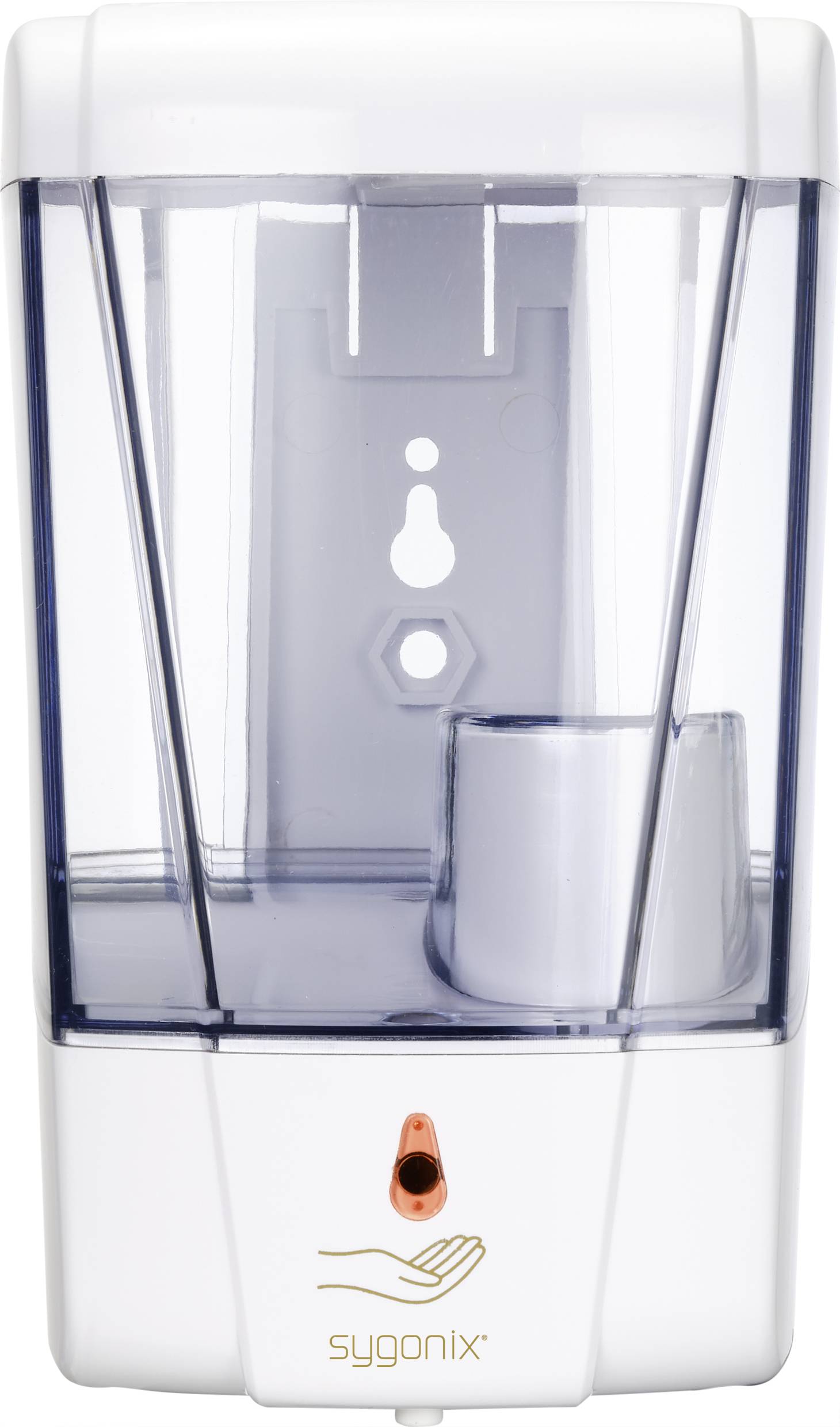 Automatic soap dispenser with a clear casing, through which the soap refill is visible, and featuring a sensor for touchless operation.
