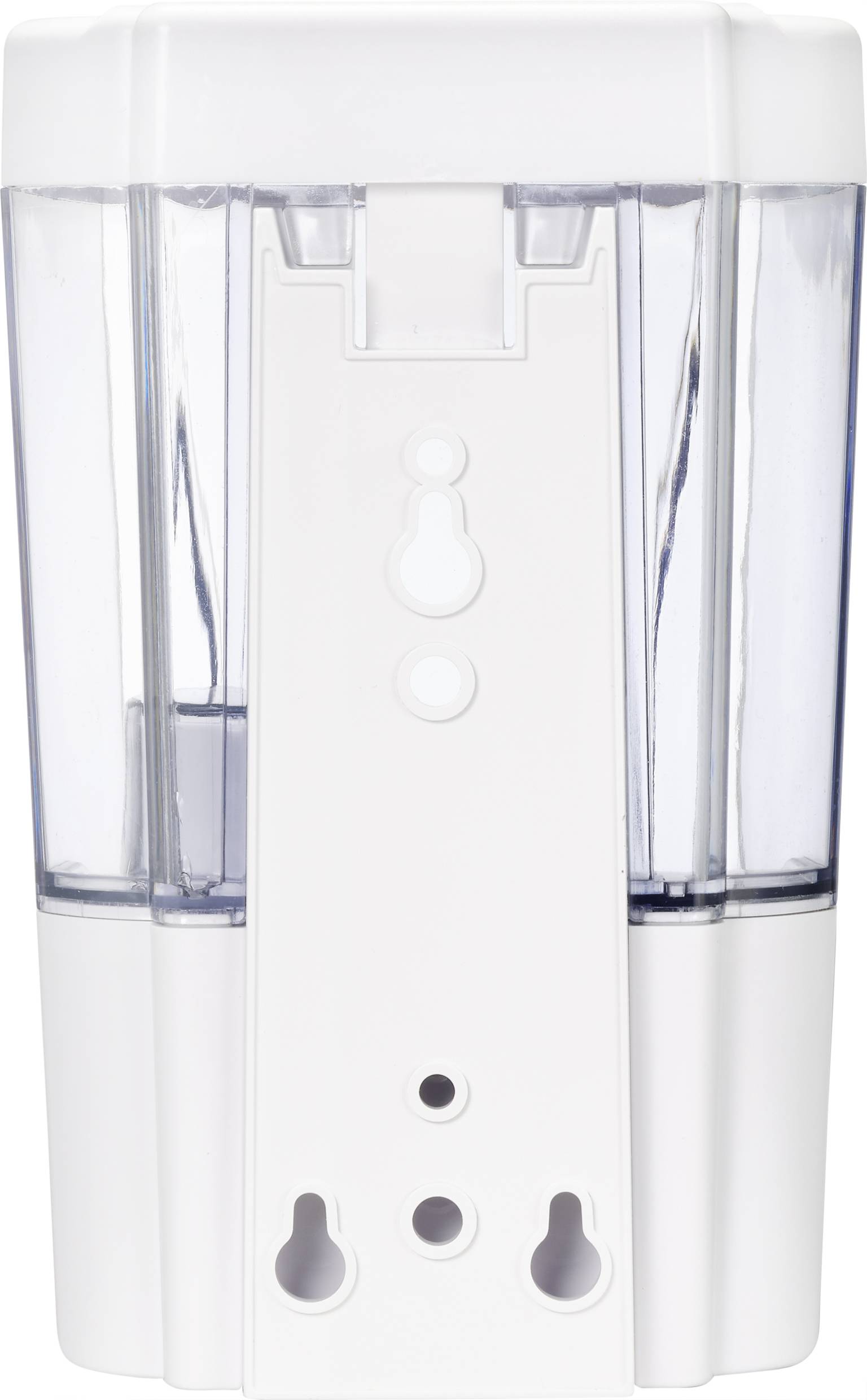 White soap dispenser with transparent sides for wall mounting, showing fixing holes and grooves for easy installation.